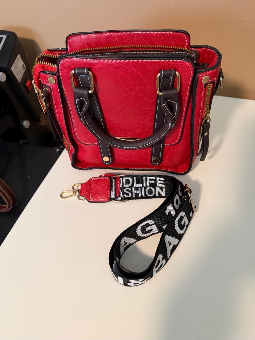 Red Structured Top-Handle Crossbody Bag with Strap